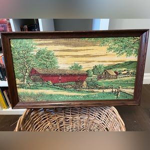 Vintage Woven Framed Art of a Covered Bridge